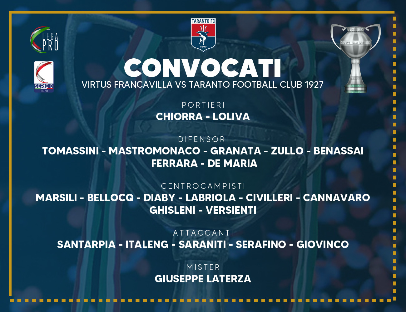 Virtus Francavilla- Taranto FC: i convocati