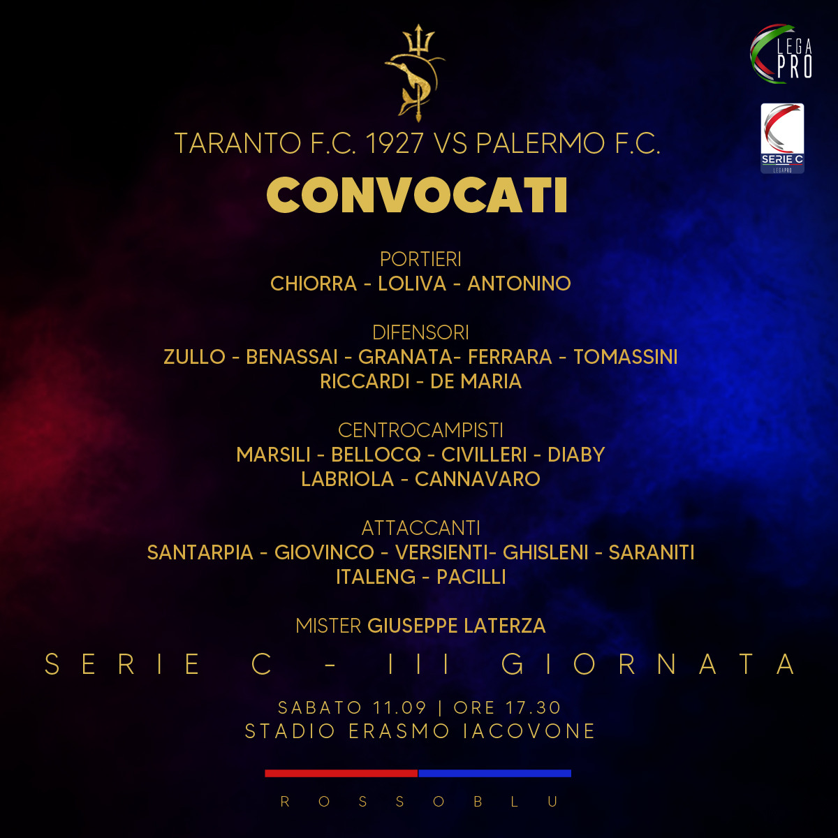 Taranto FC- Palermo FC: i convocati