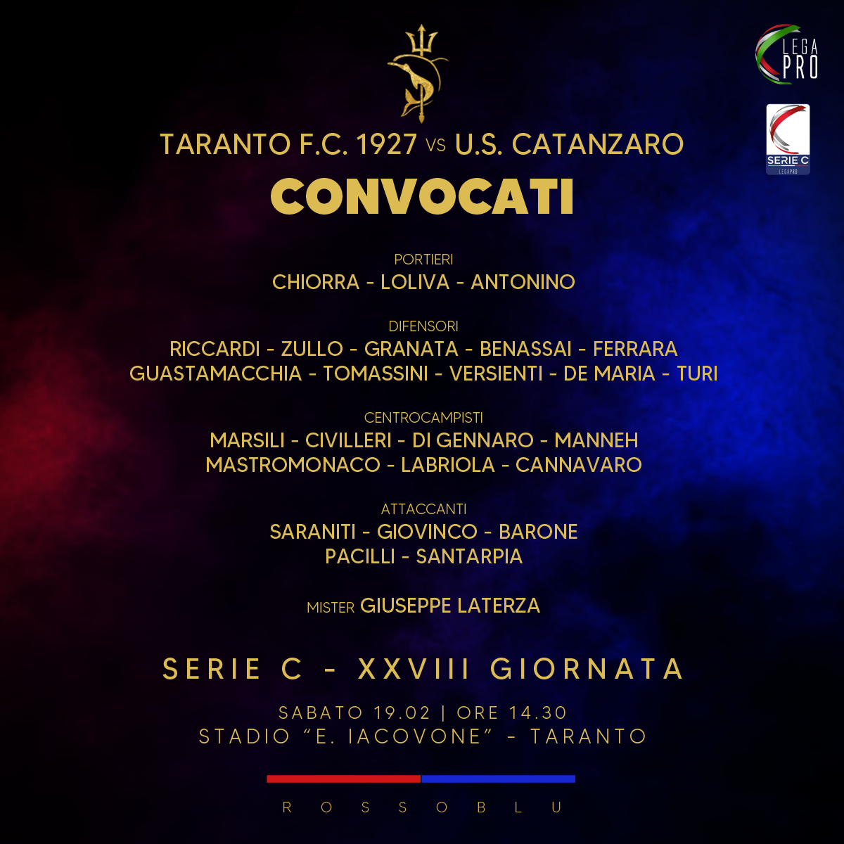 Taranto FC-U.S Catanzaro: i convocati