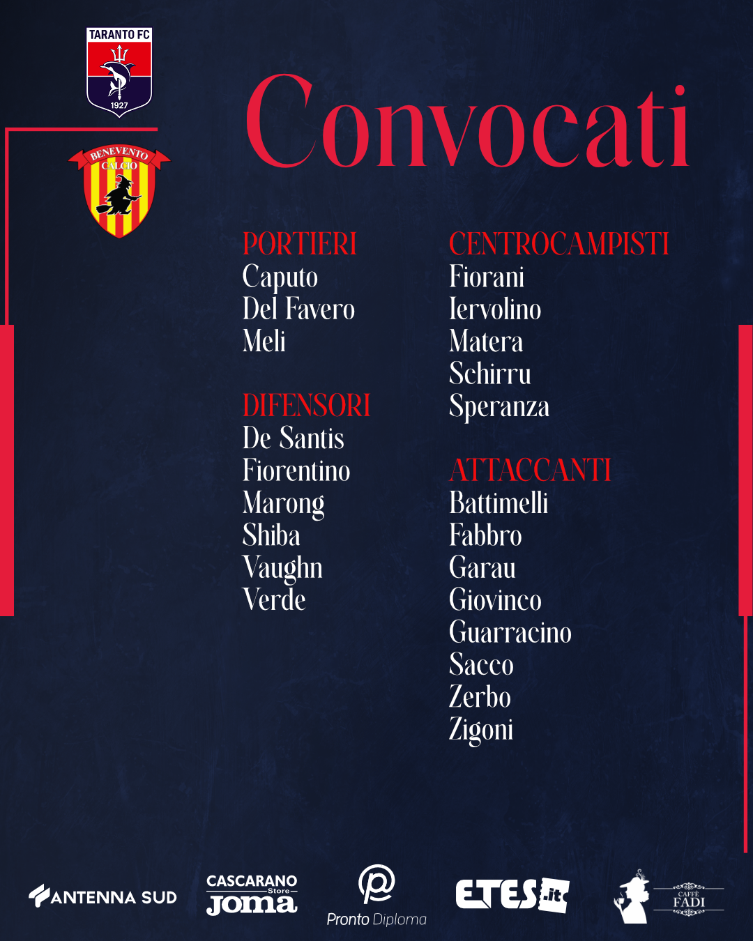 I CONVOCATI ROSSOBLÙ PER TARANTO-BENEVENTO