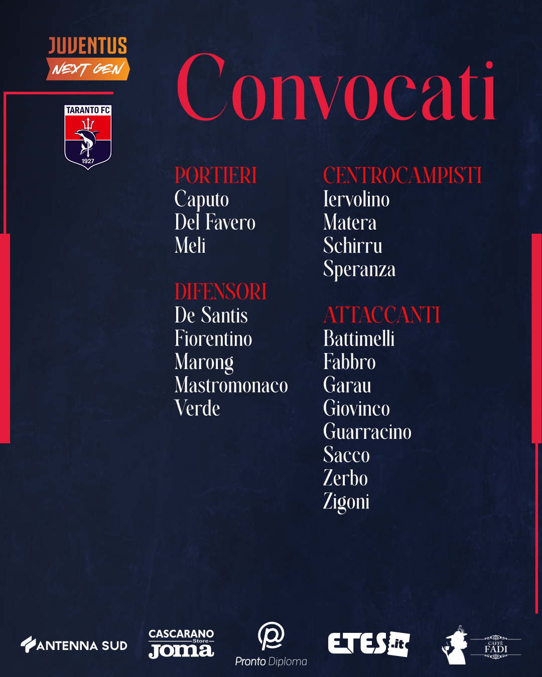 I CONVOCATI ROSSOBLU PER JUVENTUS NG-TARANTO