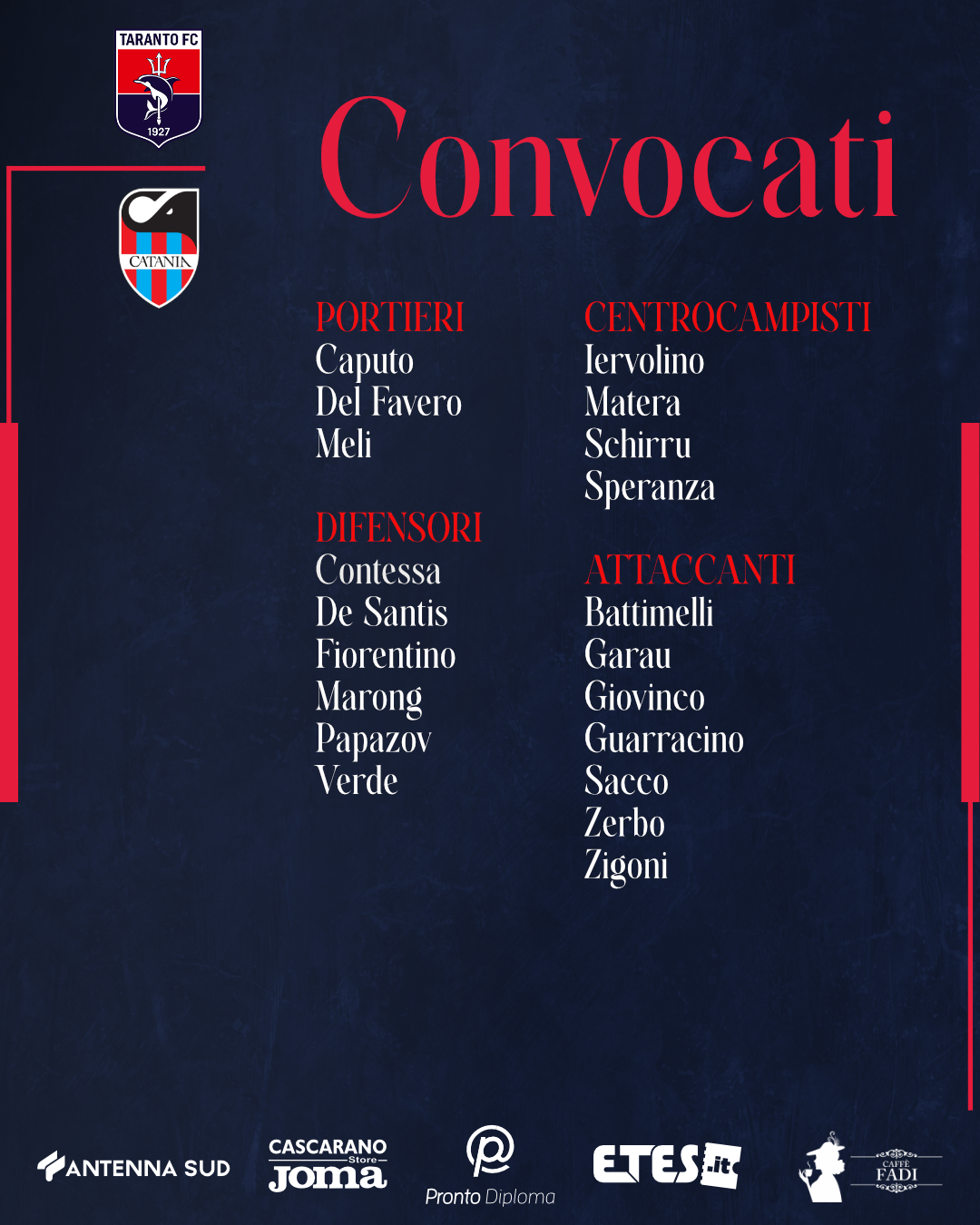 I CONVOCATI ROSSOBLÙ PER TARANTO-CATANIA